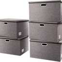 PRANDOM Extra Large Collapsible Storage Bins with Lids [5-Pack] Linen Fabric Foldable Storage Baskets Boxes Organizer Containers Cube with Cover for Bedroom Closet Office Nursery (22.8x15.75x13.8) (Gray)