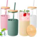 4 Pack 20 oz Glass Tumbler with Straw and Lid Coffee Tumbler with Silicone Sleeve Iced Coffee Cups Can Shaped Water Bottle for Home Outdoor (Cambridge Blue, Amber, Pink, White)