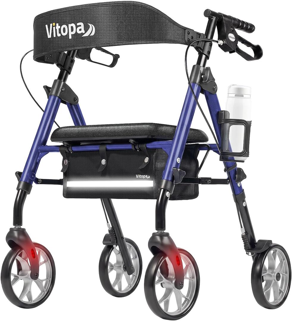 Walkers for Seniors with Seat W20A, 15 lbs Lightweight Rollator Aluminum, 350 lbs Heavy-Duty, Smooth 8” Widened Wheels, Foldable, Dual Height Adjustment, Thickened Ergonomic Seat & Backrest, Navy Blue