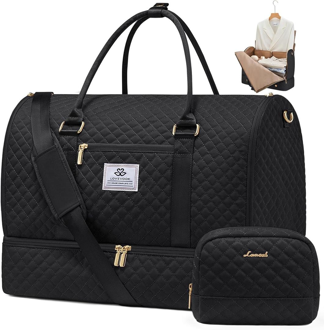 LOVEVOOK Convertible Garment Bag for Travel with Shoe Pouch, Carry On Garment Duffel Bag with Toiletry Bag, 2 in 1 Hanging Suitcase Suit Bag, Waterproof Weekender Bag for Women Travel, Wedding, Black