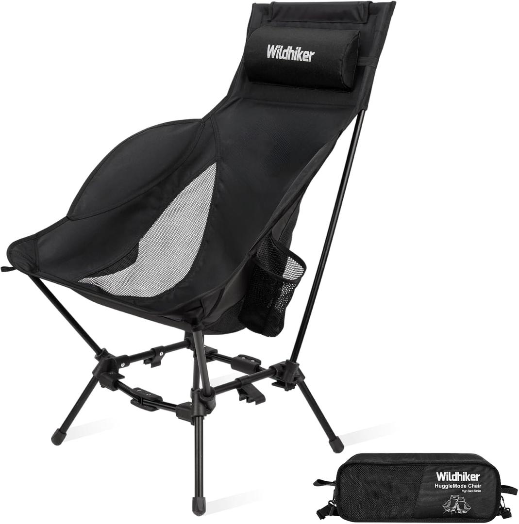 Wildhiker Compact High Back Camping Chair - Foldable with Dual Sitting Modes, Pillow, Arm Pads and Side Pockets - Lightweight Portable Chair for Motorcycle, RV, Festival, Travel - Black