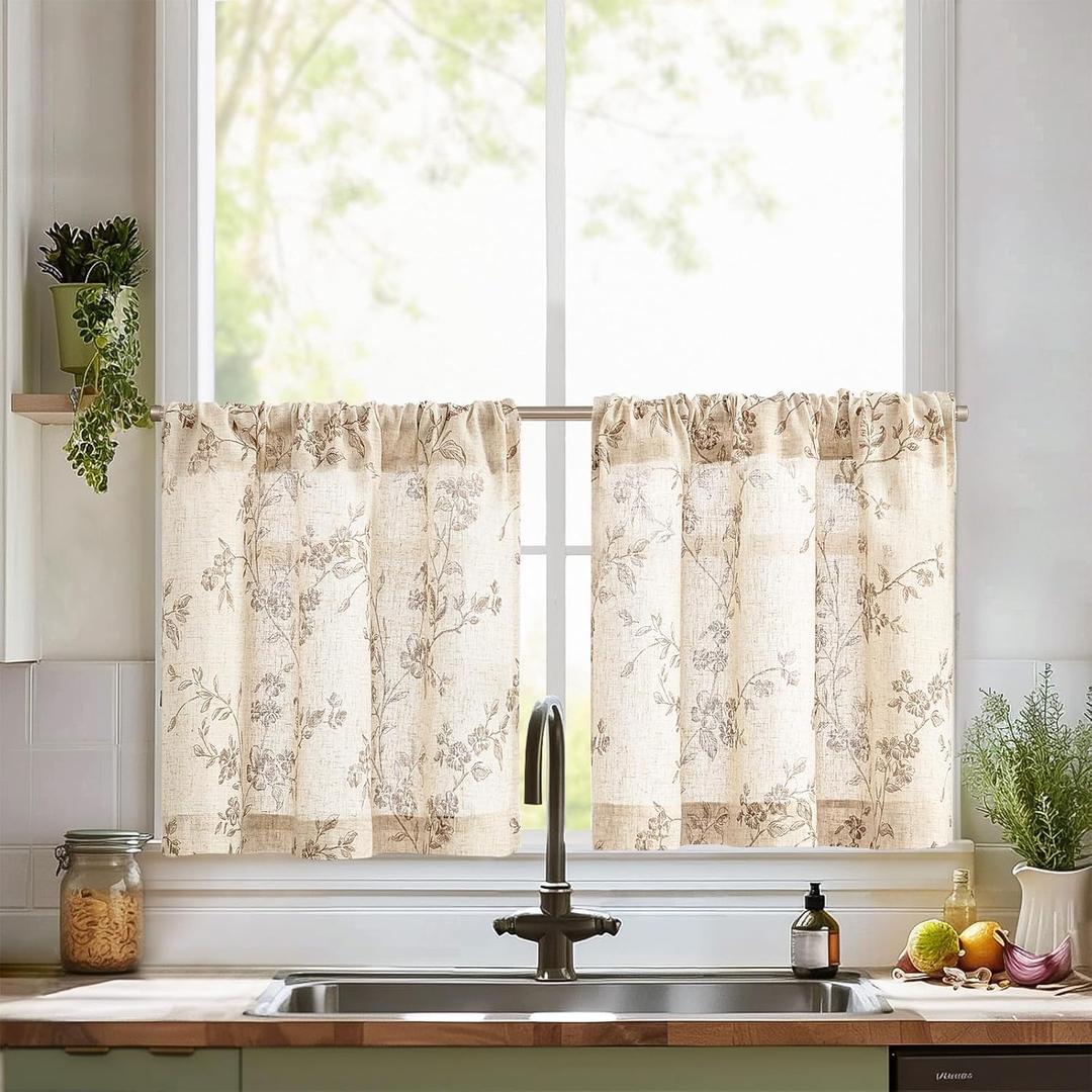 jinchan Floral Kitchen Curtains 24 Inch Linen Tier Curtains Farmhouse Cafe Half Window Drapes Over Sink Light Filtering for Living Room Laundry RV Rod Pocket 2 Panels Taupe on Beige