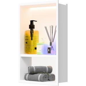 Lighted Shower Niche,Bathroom Wall Niche with LED Light Strip Waterproof,No Tile Needed,Double Shelves Stainless Steel,(Matta White, 18 * 12 * 4 in)