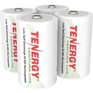 Tenergy Centura Lite 1.2V NiMH Rechargeable D Battery, 3000mAh Low Self Discharge D Cell Batteries, Pre-Charged D Size Battery, UL Certified, 4 Pack