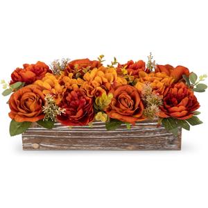DILATATA Flower Arrangement with Wooden Vase 14" Artificial Flowers in Pot - Fake Flowers Roses Peonies Hydrangeas in Wooden Vase Potted Flower Centerpieces for Table Decor Living Room - Dried Orange