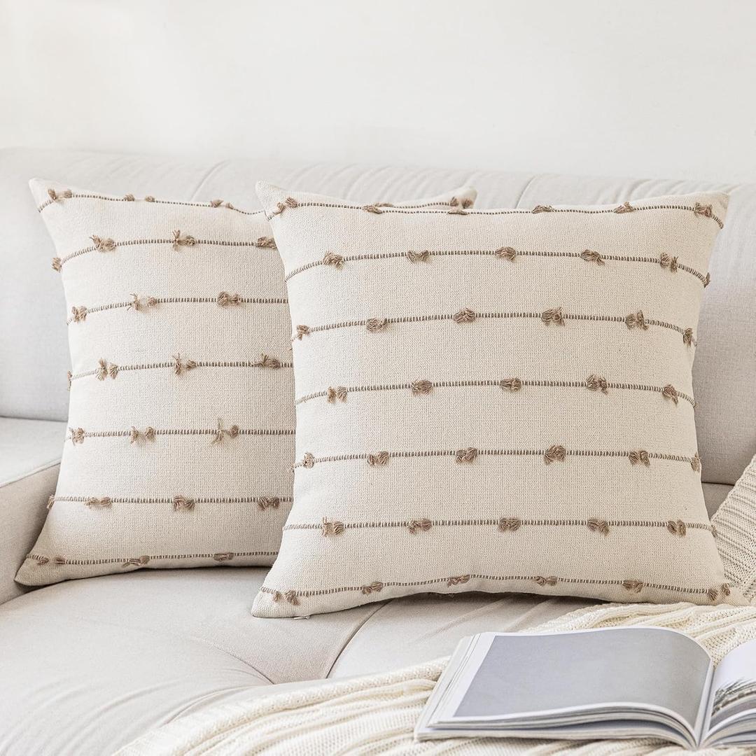 Boho Throw Pillow Covers 18x18 Set of 2 Modern Farmhouse Decorative Cushion Case Tufted Square Pillows Cover Neutral Pillow Cases Accent Pillowcase for Sofa,Couch,Bed,Beige and Khaki