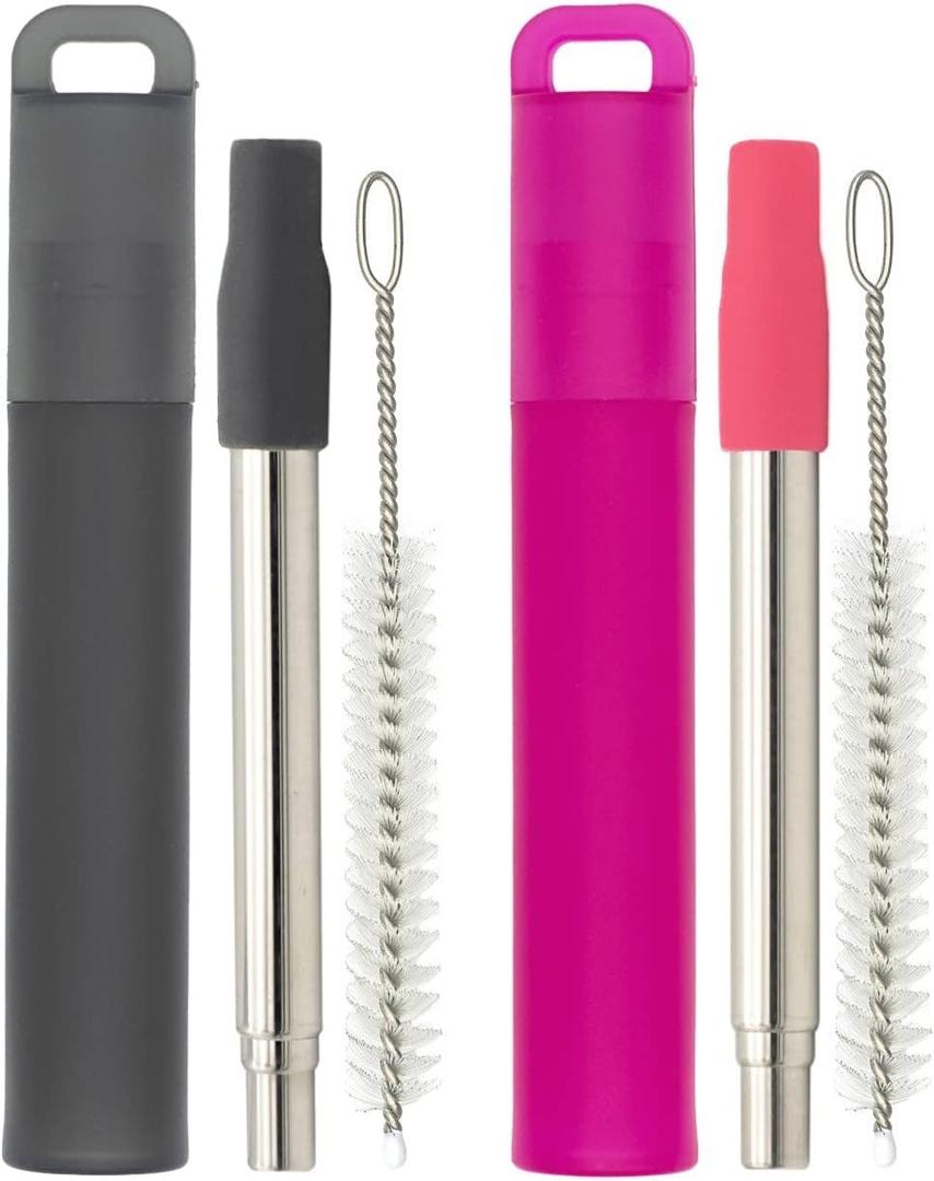 NAIVELY-Metal Reusable Straws, 1 Pack Collapsible Portable Stainless Steel Straws, with Plastic Housing Silicone Tips and Cleaning Brush, Retractable Portable Pocket Drinking Straws, Pink