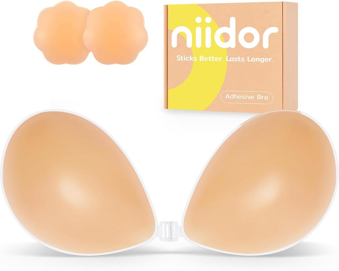 Niidor Adhesive Bra Strapless Ultra Sticky Invisible Push up Silicone Bra Multiple Colors Sizes Reusable for Backless Dress (Creme) D