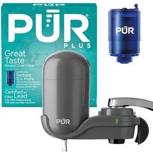 PUR Plus Vertical Faucet Mount Water Filtration System, Lead-Reducing Water Filter For Sink Faucet, Easy Install, 100 Gallons, Compatible with Sinks with External Aerators, Grey