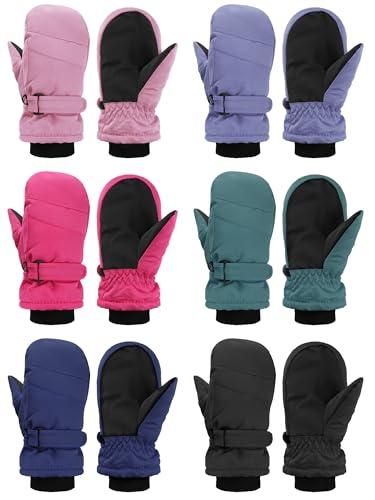 Newcotte 5 Pairs Winter Ski Mittens Kids Waterproof Warm Snow Gloves for Boys Girls Cold Weather Outdoor Activities (Purple, Green, Pink, Navy Blue, Rose Red, Black,5-8 Years)