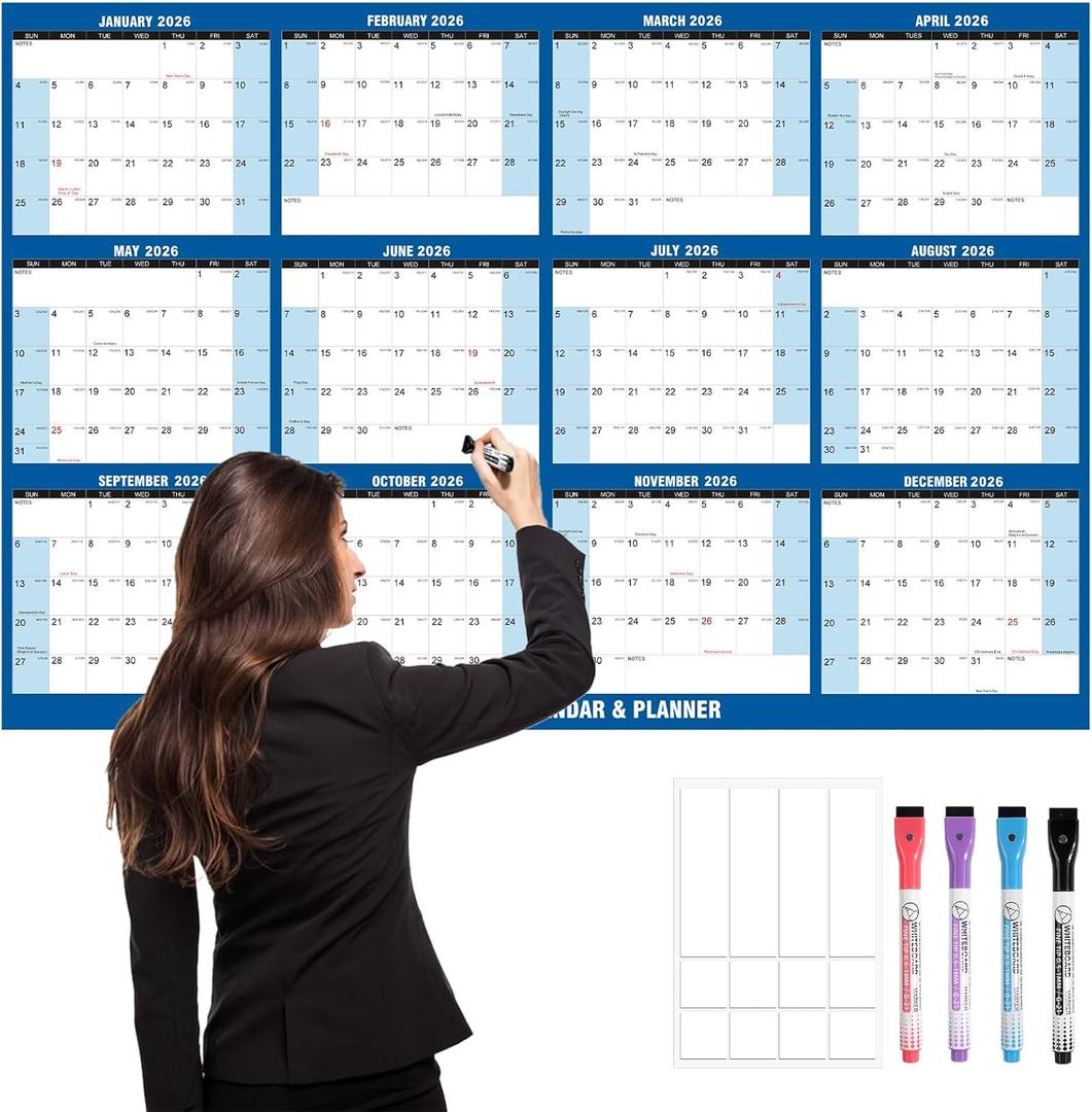 32" x 48" 2026 Wall Calendar Large Dry Erase Calendar for Wall Erasable Laminated 12 Month Wall Planner Yearly Annual Calendar Reversible Horizontal/Vertical Office Classroom Home Blue
