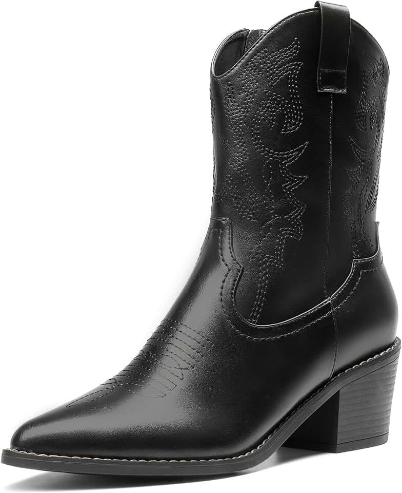 DREAM PAIRS Women's Cowboy Boots, Pointed Toe Chunky Heel, Zipper Pull-On Stitched Western Ankle Boots, 7, Black