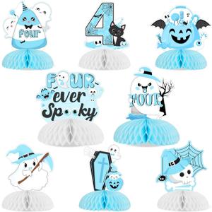 Cheereveal 8Pcs Halloween 4th Birthday Honeycomb Centerpieces for Boys, Four Ever Spooky Table Decorations Blue and Black, Ghost Bat Theme Halloween Birthday Baby Shower Party Supplies