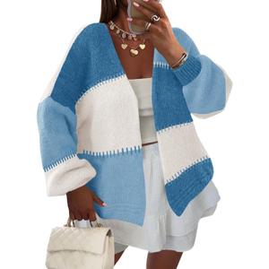 Yousify Womens Cardigan Sweater Color Block Open Front Long Puff Sleeve Casual Chunky Knit Cardigans 2025 Fall Outerwear (L)
