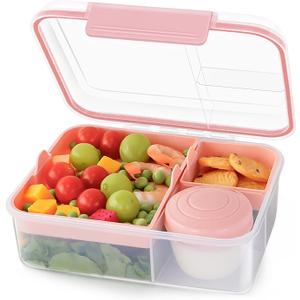 Finorder Light Pink Portable Bento Lunch Box with Handle, BPA Free Snack Food Container for Picnic Work, 43-oz Food Grade Lunch Bento Box with 5-oz Yogurt Cup