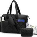 kookoomia Gym Bag for Women with Shoe Compartment, 2-PC Lightweight Puffer Weekender Duffle with Wet Pocket, Quilted Carry on Travel Bag for Overnight Dance Hospital, Water Resistant, Black