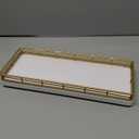 Bathroom Tray for Counter Top Organizer  Oak Wood Vanity Tray with Metal Frame for Dresser, Kitchen, Nightstand  Gold & White Decorative Storage (11" x 4.5" x 1.5")