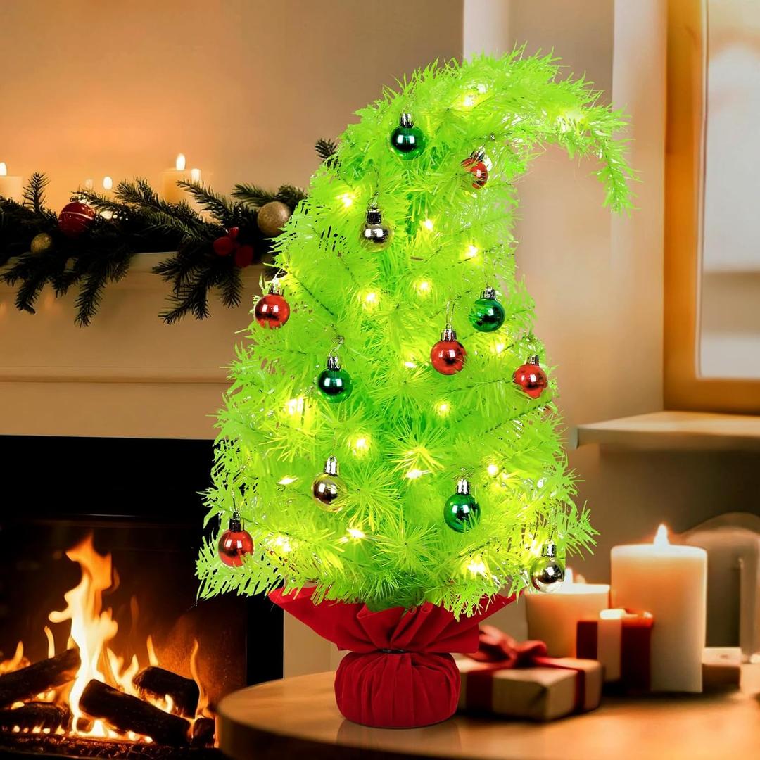 2 FT Gringchs Christmas Tree Decorations, Bendable Lime Green Table Top Christmas Tree with Mini Ball Ornaments, Artificial Whimsical Decor for Home Office Holiday Party