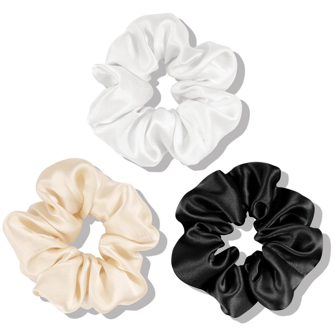 OLESILK 100% Mulberry Silk-Scrunchies for Hair Sleep, Women Grils Silk Hair Ties for Frizz & Breakage Curly Hair, No Damage, Elastics Ponytail Holder, 3 Pack (3pcs, Black-White-Light Champagne)