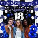 18th Birthday Decorations for Boys Girls, Blue Black Happy 18th Birthday Party Decorations, Time To Adult Birthday Banner, Foil Balloons 18, Backdrop, Balloons, Hanging Swirls, Birthday Card Set 43pcs