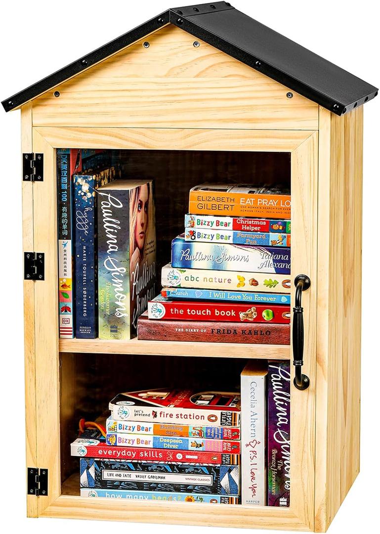 Little Library Box Outdoor, 2-Tier Waterproof Book Exchange Cabinet Solid Wood with Adjustable Shelves, Rust-Resistant Hardware for Community, Schools and Neighborhoods to Promote Reading & Sharing, 16 x 13 x 26