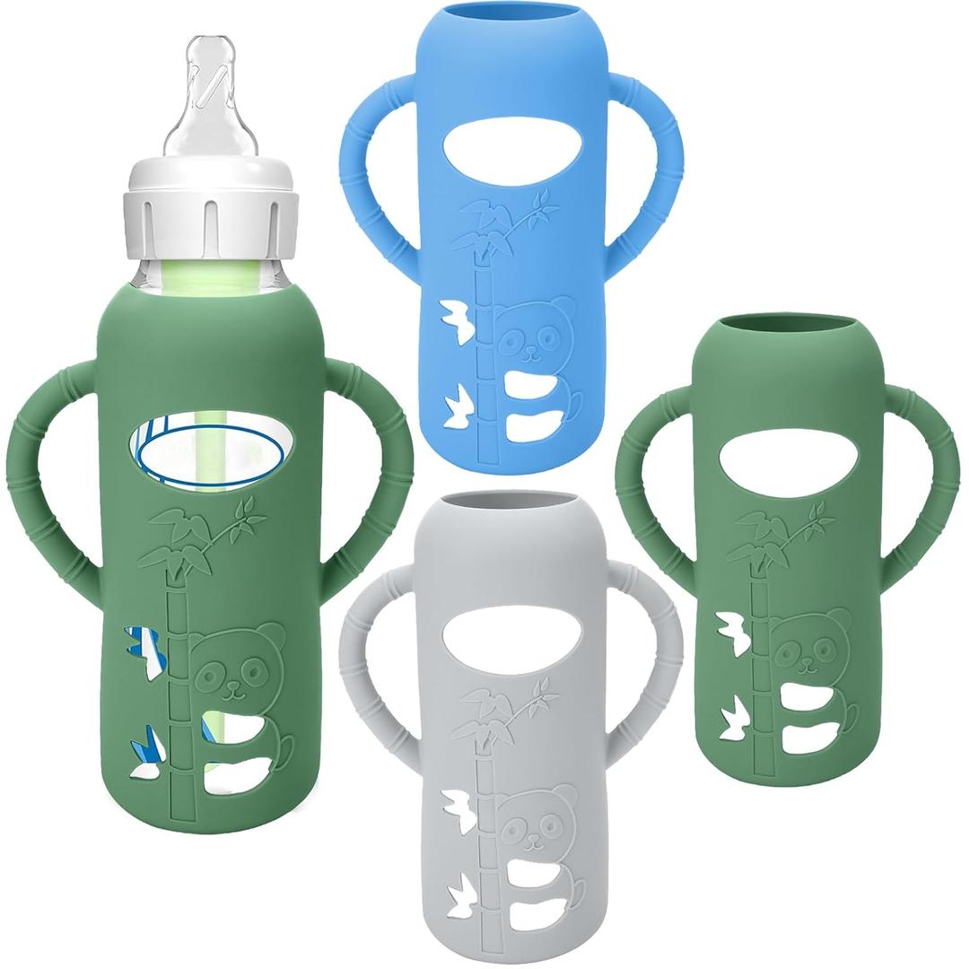 BUSOHA 3 Pack Silicone Sleeves for Dr. Brown's Glass Baby Bottles - Drop Protection Baby Bottle Sleeves Compatible with Dr. Brown's Newborn Glass Bottles with Silicone Handles,8 oz (Dark Green+Gray+Light Blue)