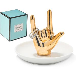 I LOVE YOU Hand Ring Holder Dish Ceramic Jewelry Holder Dish Trinket tray for Rings Earrings Necklace Organizer, Engagement Wedding Ring Holder, Christmas Birthday Gifts (Golden)