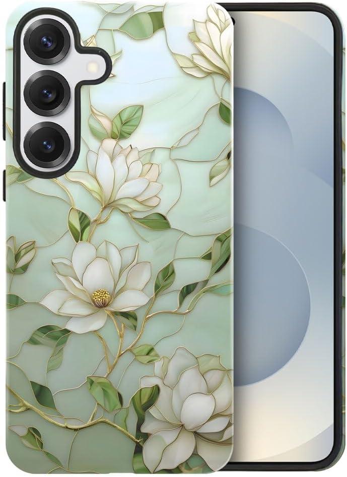 Case for Samsung Galaxy S25,Magnolia Floral Aesthetic Case Glossy Slim Silicone Shockproof Cover for Girls Women