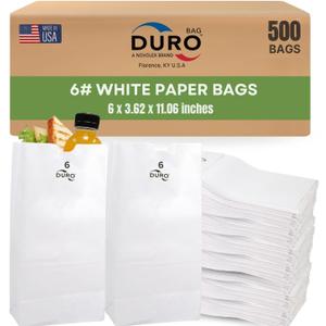 DURO 6# White Paper Lunch Bags, 500 Count, 6 x 3.62 x 11.06 In | Paper Lunch Bags Bulk, Large Disposable Sacks for Sandwiches, Bagels, Deli, Bakery, Grocery, Takeout & Delivery