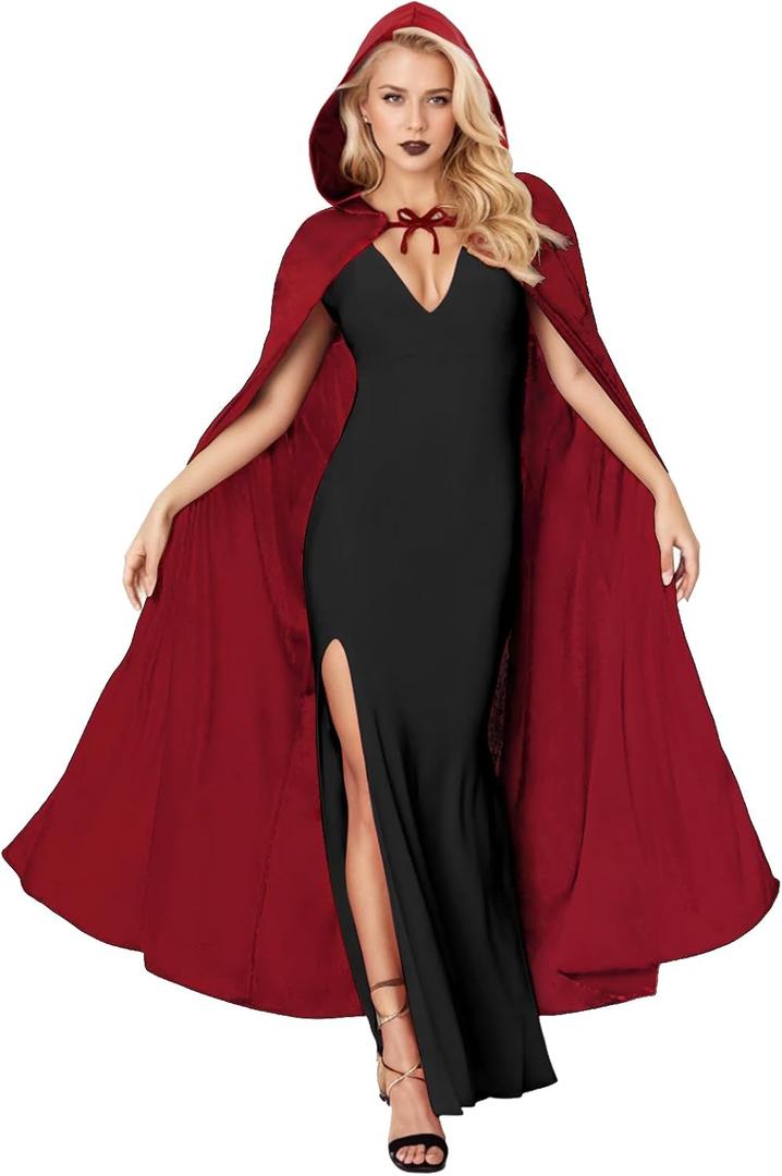 Classic Red Cape with Hood Full Length, Soft Cosplay Costume for Women, Halloween Red Cloak with Neckline Drawstring Design, One Size Fits Most - Ideal for Parties