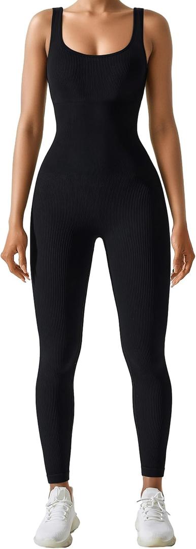 AURUZA Jumpsuit for Women Workout Seamless Jumpsuits Yoga Ribbed One Piece Tank Tops Rompers Sleeveless Exercise Jumpsuits (Medium, Black)