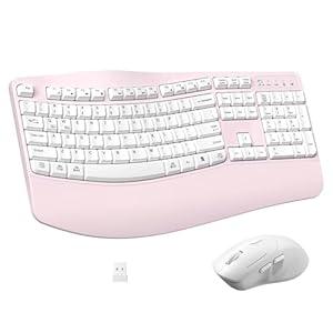 Ergonomic Wireless Keyboard and Mouse Combo, Wave Keys Keyboard with Wrist Rest for Natural Typing, 3 DPI Adjustable Ergonomic Silent Mouse for Computer/ Laptop/ Windows/ Mac (Pink)