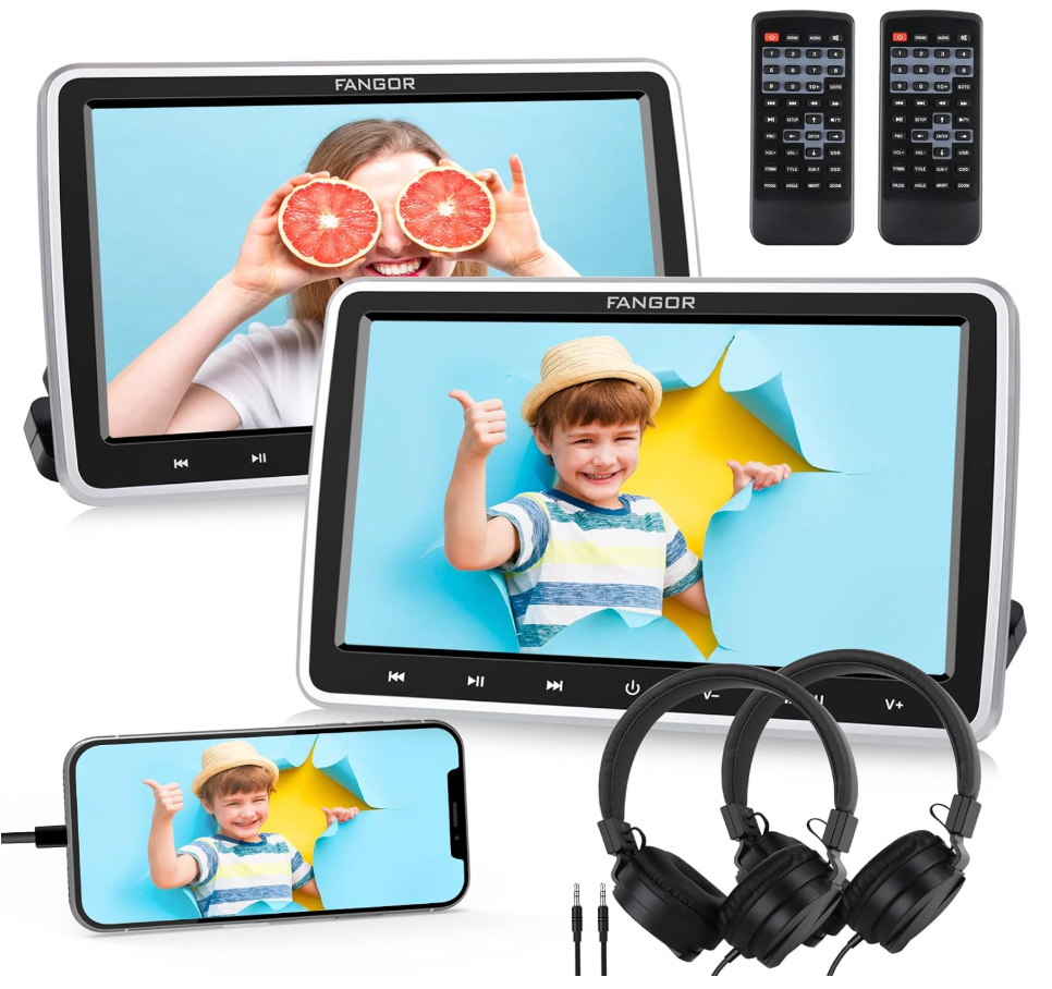 Car DVD Players, FANGOR Two Headrest DVD Players Support 1080P MP4 Video with HDMI in, AV in/Out, Headrest Mounts, Headphones, USB/SD Memory Function, Ideal for Kids Travel (10.5 Inch)