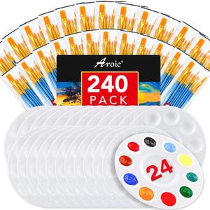 AROIC Paint Brushes Palette Set, 24 Pack/ 240Pcs Acrylic Paint Brushes and 24 Palettes, Professional Artist Brushes, Finger and Face Painting Oil Painting Watercolor Kid's and Adult Painting Art Set.
