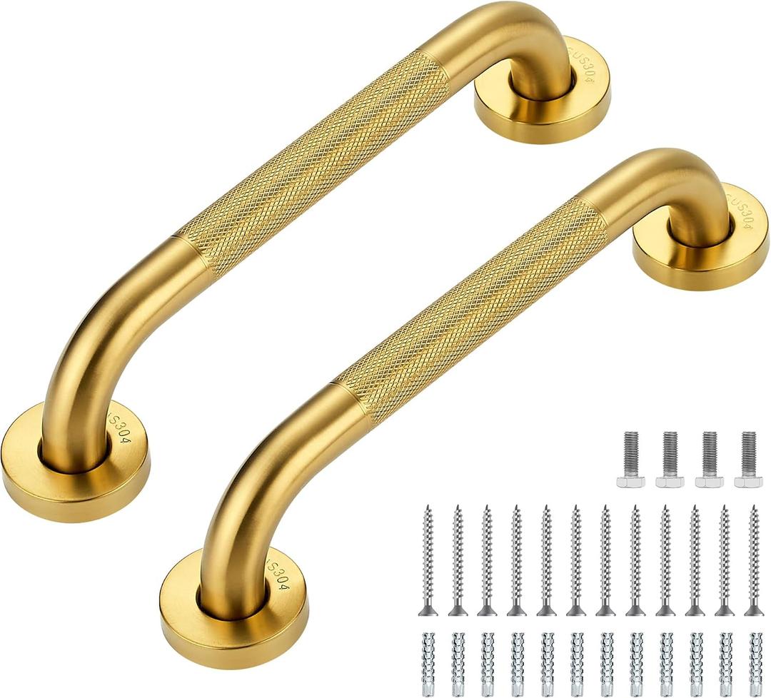 Grab Bars for Shower, 2 Pack 12-Inch Anti Slip Shower Handles for Elderly, Safety Shower Grab Bar, Stainless Steel Handicap Grab Bars for Bathroom,Toilet (Gold, 1" Diameter)