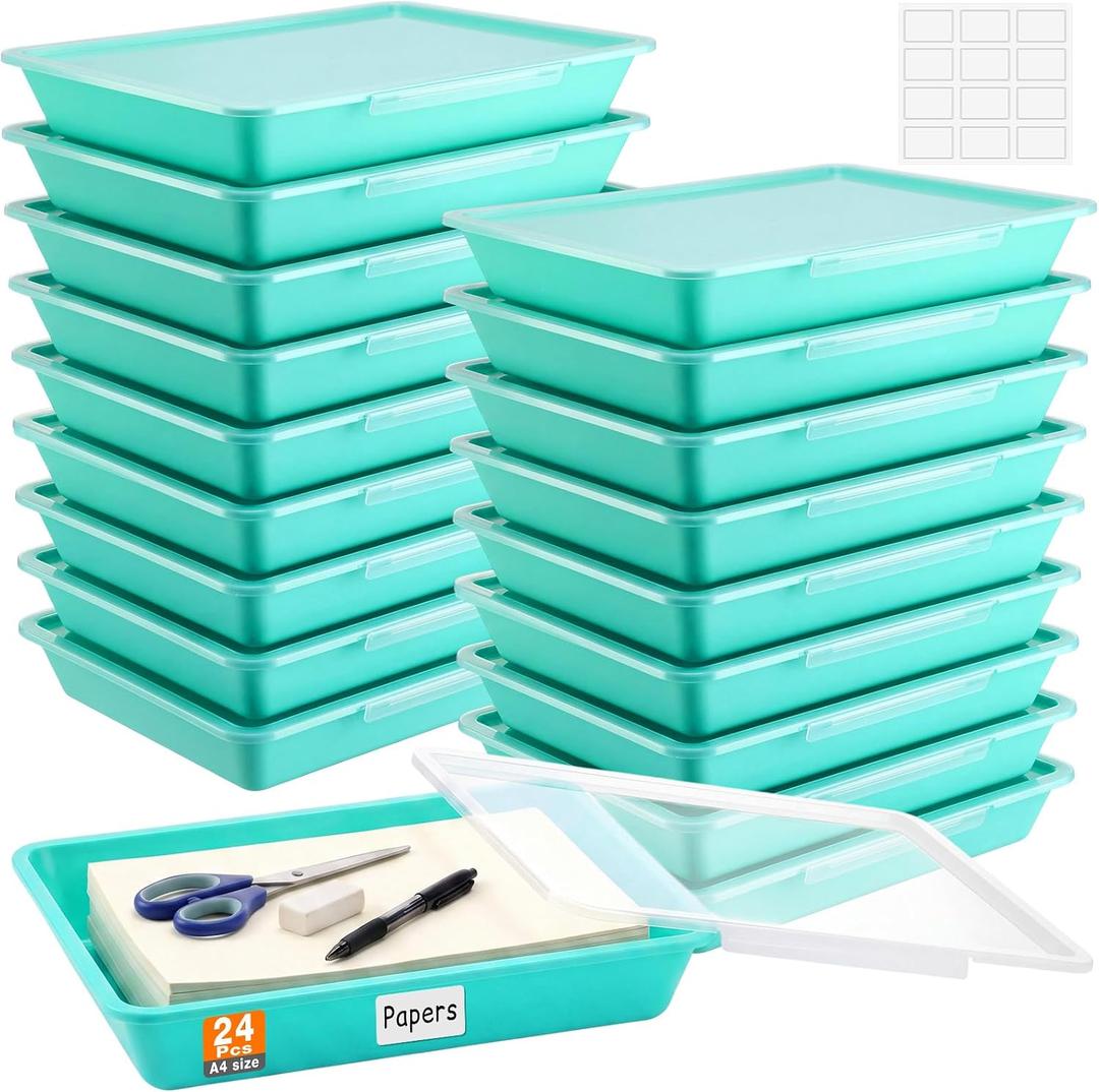 Tinlade 24 Pcs Classroom Paper Storage Bins with Lids, Teal, 13x10in