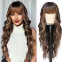 NAYOO Brown Wigs with Bangs for Women Long Curly Wavy Hair Wigs Heat Resistant Synthetic Fiber Wigs for Daily Party Use 26 Inches (Dark Brown Mixed Chestnut)