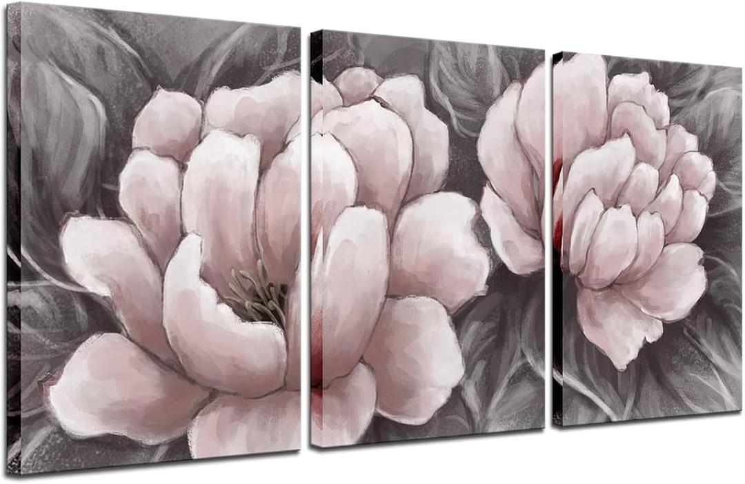 Biuteawal Flower Canvas Wall Art Abstract Pink and Gray Wall Artworks Elegant Floral Painting Still Life Pictures for Home Living Room Bedroom Decoration Ready to Hang 16x24inx3panels, 16x24inchx3pcs