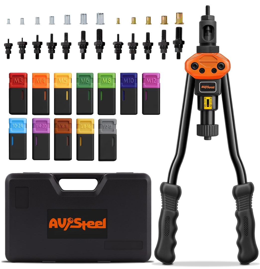 Rivet Nut Tool Kit, 16-Inch Rivet Gun Including 12 Upgraded Interchangeable Mandrels & 200Pcs Nuts, Hand Riveter Labor-Saving and Compact Design,Thread Insert Riveter with Rugged Carry Case