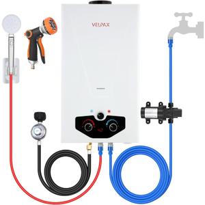 Tankless Water Heater Propane,3.18GPM 12L Outdoor Portable water heater,with 2 GPM Water Pump, Instant Propane water heater with Digital Display Multi-Protection for Camping Trips Boat Cabins