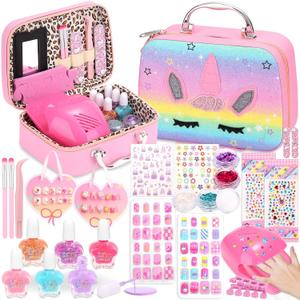 Kids Nail Polish with Press on Nails Set for Girls, Non-Toxic Nail Art Kit with Portable Dryer and Unicorn Case, Cute Stuff Gift Toys for Girls Age 8-12