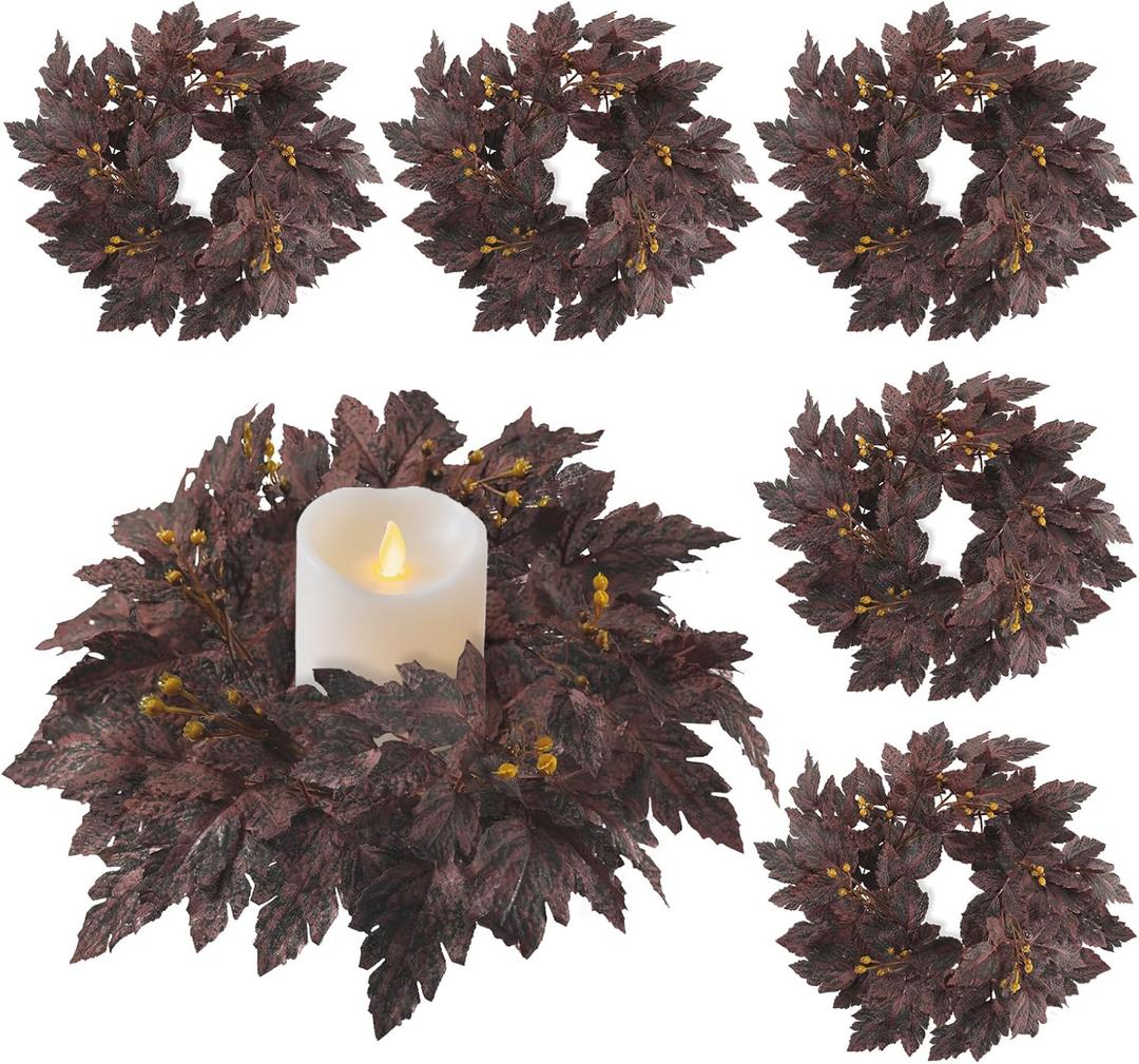 6PCS Plum Cimicifuga Seeded Small Wreath, Artificial Flower Garland Candle Ring for Fall Wedding Decor, Boho Home Decor, Thanksgiving, Table Centerpiece, Mantle Decor