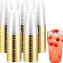 I00000 16 oz Gold Plastic Cups, 100 Pack Clear Plastic Cups Tumblers Gold Rimmed Cup, Heavy-duty Disposable Cup Perfect for Wedding & Party