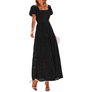PRETTYGARDEN Summer Dresses for Women 2025 Eyelet Square Neck Puff Sleeve Smocked Wedding Guest Maxi Dress with Pockets Size M