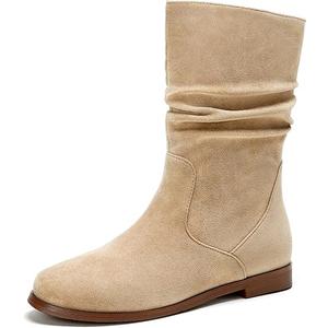 Pixoecuty Slouch Ankle Boots For Women Booties For Women Low Heel Flats Mid Calf Zipper Khaki ASIAN Size 40