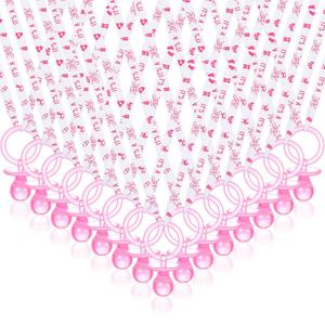 CHENGU 100 Pcs Baby Shower Favors Pacifiers Necklace, Acrylic Pacifiers Necklaces Bulk Favors for Gender Reveal Party Baby Shower Party Decorations Table Scatter(Pink and White)
