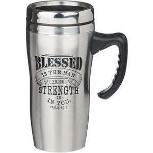 Christian Art Gifts Stainless Steel Travel Mug Double-Wall Vacuum Insulated Coffee Cup with Lid and Handle 16 oz BPA-free Lead-free Eco-Friendly Mug - Blessed Is The Man - Psalm 84:5