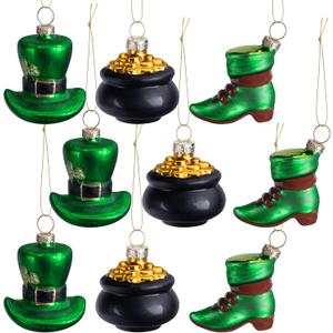 9 PCS St.Patrick's Day Glass Ornaments-Irish Tree Glass Blown Ornaments-St. Patrick Glasses Green Top Hat Hanging Ornaments-Irish Tree Ornament for Spring St.Patricks Day Ireland Party Decoration