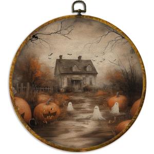 XPH Vintage Halloween Fall Pumpkin Round Wall Art Framed, Retro Country Cabin Ghost Pumpkin Circle Wall Decor, Rustic Autumn Hanging Canvas Prints for Home Bedroom Living Room Decoration, 10x10 Inch (Colour06)