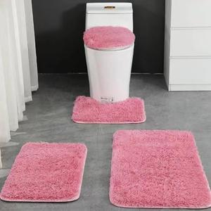 Huniupore 4 Piece Non Slip, Toilet Lid Cover and Contour Mat, Bath Mats Shower Mats Bath Rug Mat for Tub Toilet Bathroom (Pink)